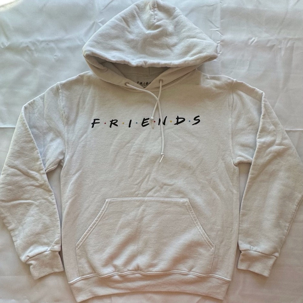 FRIENDS logo white long sleeve kangaroo pocket hoodie women’s small